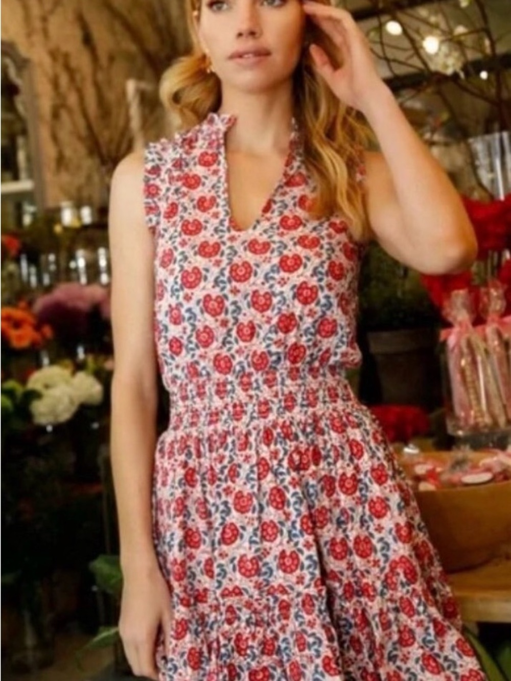 Anna Cate Red Floral Smocked-Waist Mini Dress, medium/small